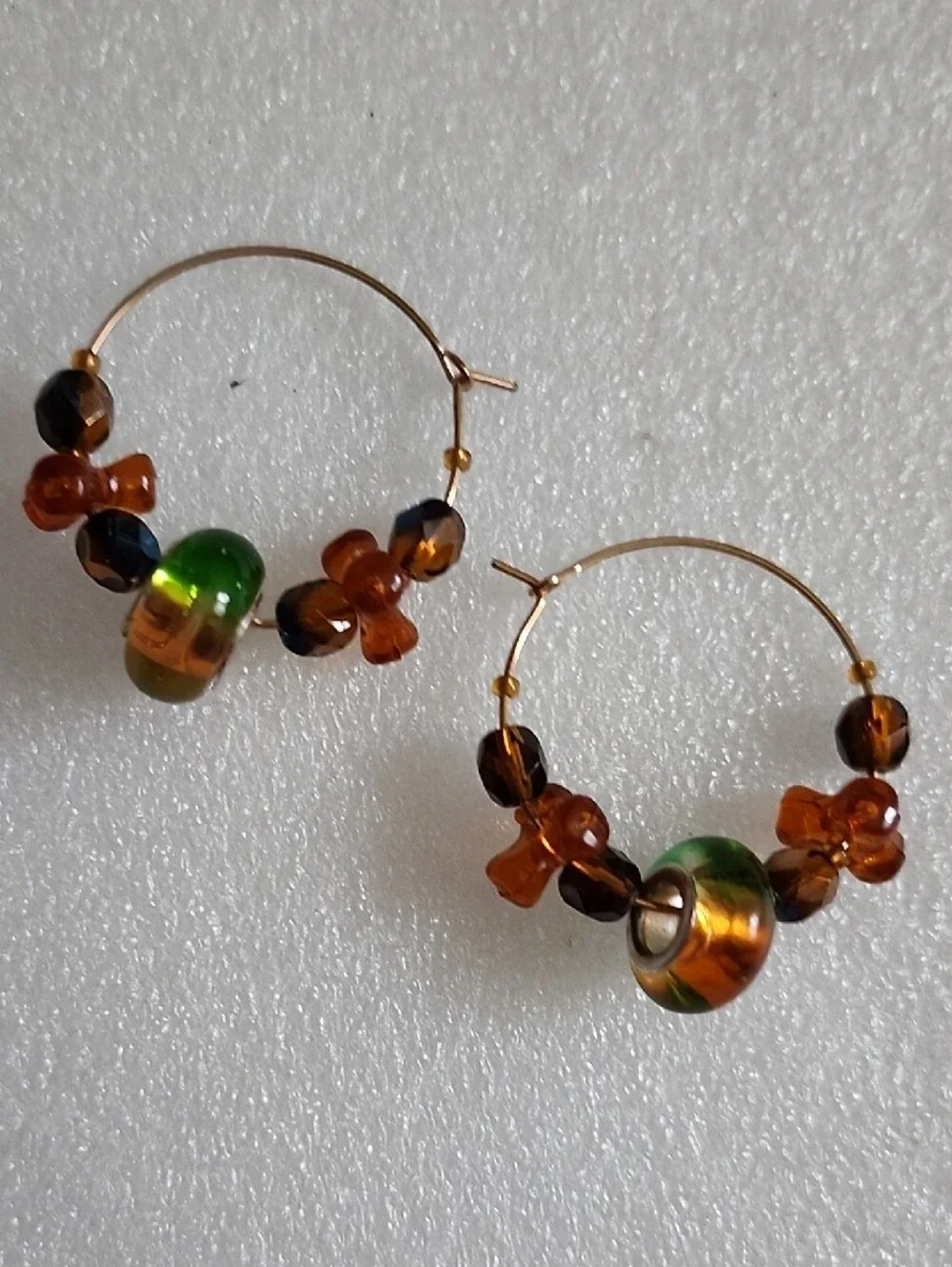 Hand Crafted Green and Amber Beaded Hoop Earrings